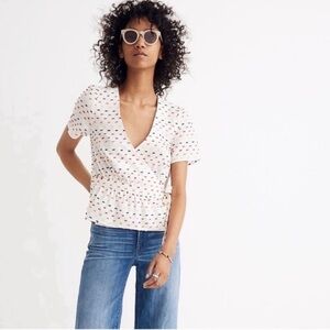 Madewell Ruffle-Hem Clipdot Short Sleeve Lightweight Boho Wrap Top Blouse